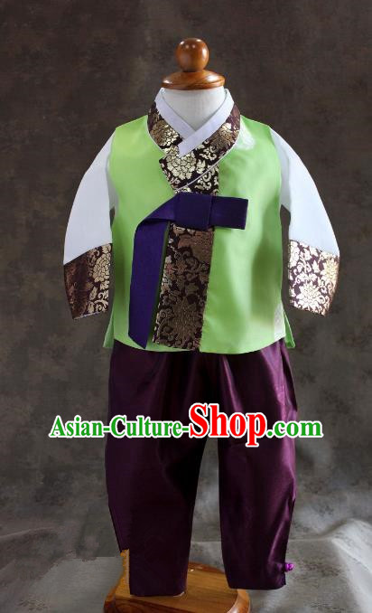 Traditional South Korean Handmade Hanbok Children Baby Birthday Customization Green Clothing, Top Grade Korea Hanbok Costume Complete Set for Boys