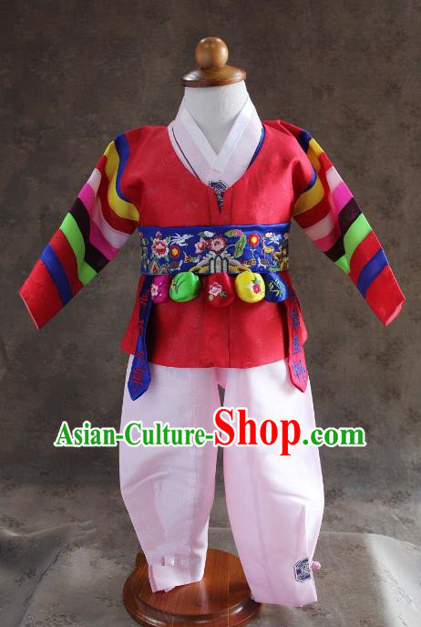 Traditional South Korean Handmade Hanbok Children Baby Birthday Customization Red Clothing and Embroidery Belt, Top Grade Korea Hanbok Costume Complete Set for Boys