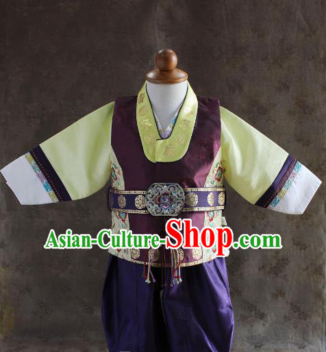 Traditional South Korean Handmade Hanbok Children Baby Birthday Customization Embroidery Purple Clothing, Top Grade Korea Hanbok Costume Complete Set for Boys