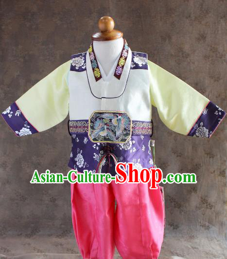 Traditional South Korean Handmade Hanbok Children Little Boys Birthday Customization Yellow Clothing, Top Grade Korea Hanbok Costume Complete Set for Kids