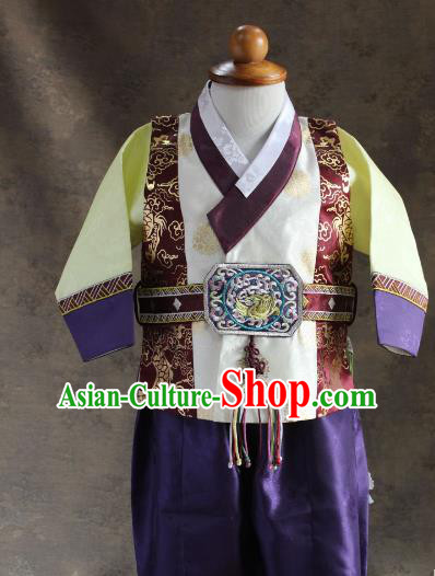 Traditional South Korean Handmade Hanbok Children Little Boys Birthday Customization Embroidery Vest Shirt and Pants, Top Grade Korea Hanbok Costume Complete Set for Kids