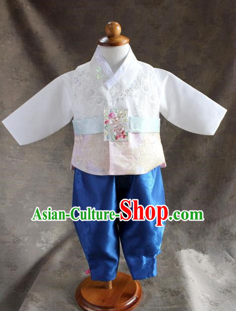 Traditional South Korean Handmade Hanbok Children Little Boys Birthday Customization Embroidery White Vest Shirt and Pants, Top Grade Korea Hanbok Costume Complete Set for Kids