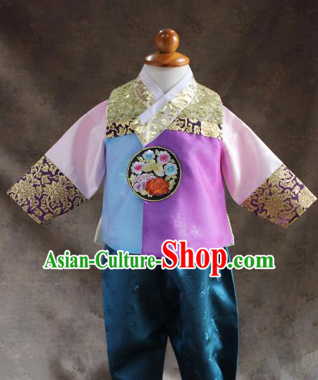 Traditional South Korean Handmade Hanbok Children Little Boys Birthday Customization Embroidery Rosy Vest Shirt and Pants, Top Grade Korea Hanbok Costume Complete Set for Kids