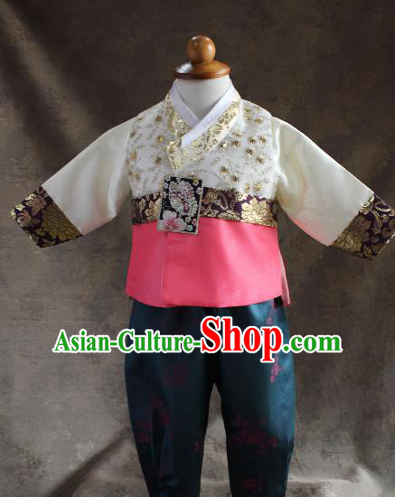 Traditional South Korean Handmade Hanbok Children Little Boys Birthday Customization Embroidery Vest Shirt and Pants, Top Grade Korea Hanbok Costume Complete Set for Kids