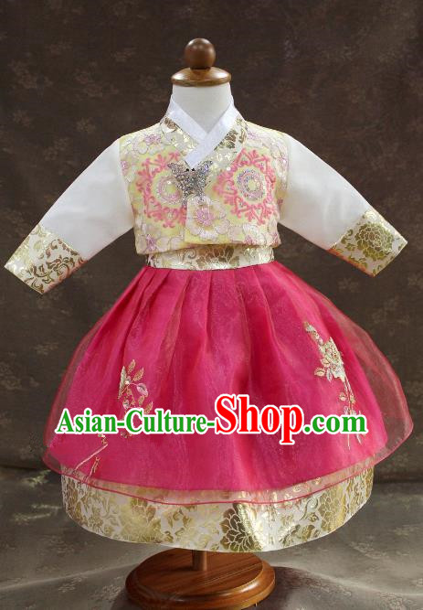 Traditional South Korean Handmade Hanbok Children Little Princess Birthday Customization Embroidery Rosy Dress Complete Set, Top Grade Korea Royal Hanbok Costume for Kids