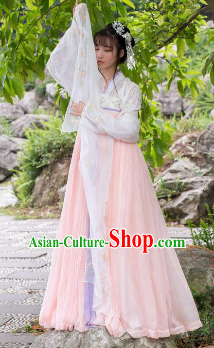 Traditional Ancient Chinese Tang Dynasty Palace Lady Embroidered Costume Blouse and Slip Skirt Complete Set, Elegant Hanfu Clothing Chinese Imperial Princess Dress Clothing for Women