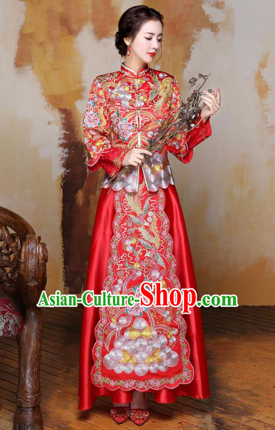 Traditional Ancient Chinese Wedding Costume Embroidery Long Sleeve Xiuhe Suits, Chinese Style Wedding Dress Red Restoring Longfeng Dragon and Phoenix Flown Bride Toast Cheongsam for Women