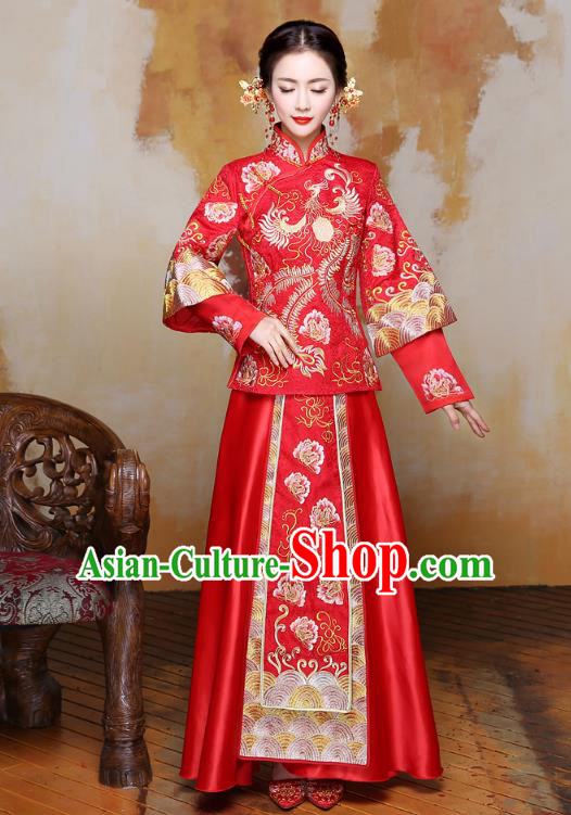 Traditional Ancient Chinese Wedding Costume Handmade XiuHe Suits Embroidery Phoenix Peony Bride Toast Cheongsam Dress, Chinese Style Hanfu Wedding Clothing for Women