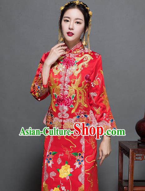 Traditional Ancient Chinese Wedding Costume Handmade XiuHe Suits Embroidery Dragons Phoenix Peony Bride Toast Cheongsam Dress, Chinese Style Hanfu Wedding Clothing for Women