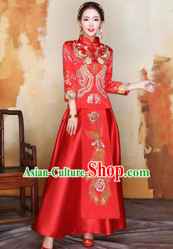 Traditional Ancient Chinese Wedding Costume Handmade XiuHe Suits Embroidery Phoenix Peony Bride Toast Cheongsam Dress, Chinese Style Hanfu Wedding Clothing for Women