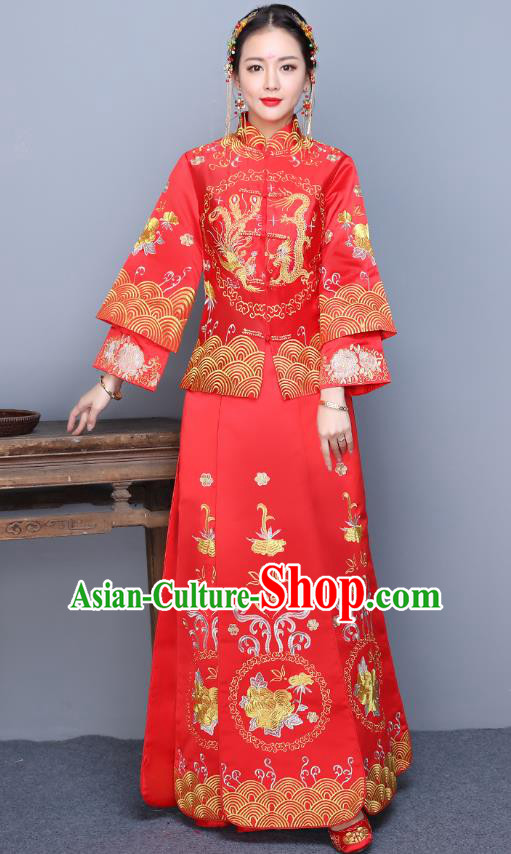 Traditional Ancient Chinese Wedding Costume Handmade XiuHe Suits Embroidery Longfeng Gown Bride Toast Long Sleeve Cheongsam Dress, Chinese Style Hanfu Wedding Clothing for Women