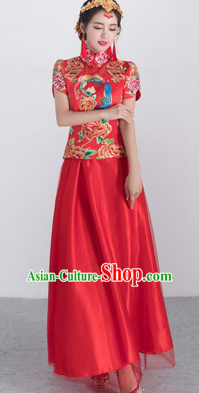 Traditional Ancient Chinese Wedding Costume Handmade XiuHe Suits Embroidery Peony Longfeng Gown Bride Toast Short Sleeve Cheongsam Dress, Chinese Style Hanfu Wedding Clothing for Women
