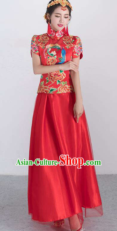 Traditional Ancient Chinese Wedding Costume Handmade XiuHe Suits Embroidery Peony Longfeng Gown Bride Toast Short Sleeve Cheongsam Dress, Chinese Style Hanfu Wedding Clothing for Women