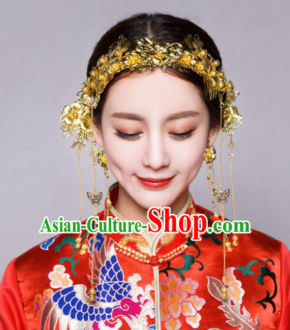 Traditional Handmade Chinese Ancient Classical Hair Accessories Bride Wedding Tassel Golden Hair Clasp, Xiuhe Suit Hair Jewellery Hair Fascinators Hairpins for Women