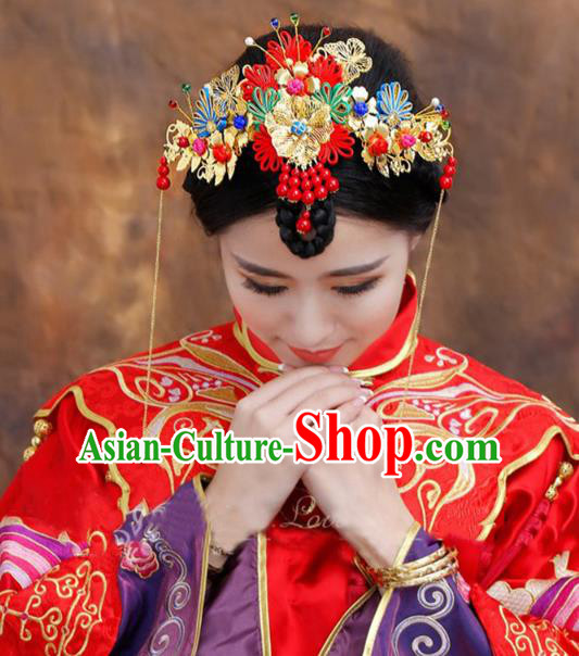 Traditional Handmade Chinese Ancient Classical Hair Accessories Bride Wedding Tassel Forehead Ornament, Xiuhe Suit Hair Jewellery Hair Fascinators Hairpins for Women