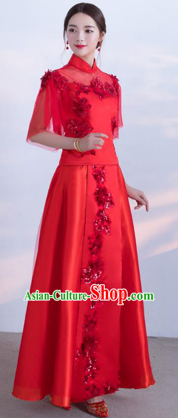 Traditional Ancient Chinese Wedding Costume Handmade XiuHe Suits Embroidery Bride Toast Veil Sleeve Cheongsam Dress, Chinese Style Hanfu Wedding Clothing for Women