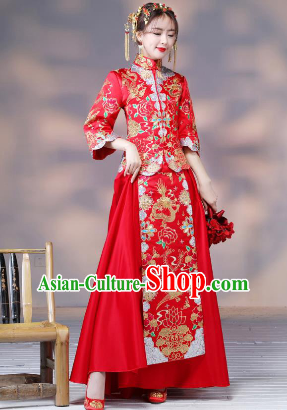 Traditional Ancient Chinese Wedding Costume Handmade XiuHe Suits Embroidery Dragon and Phoenix Bride Toast Cheongsam Dress, Chinese Style Hanfu Wedding Clothing for Women