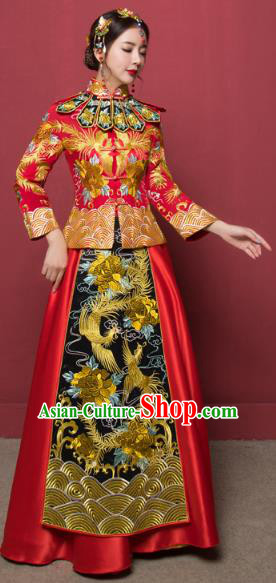 Traditional Ancient Chinese Wedding Costume Handmade XiuHe Suits Embroidery Phoenix Bride Toast Cheongsam Dress, Chinese Style Hanfu Wedding Clothing for Women