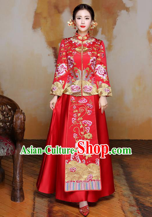 Traditional Ancient Chinese Wedding Costume Handmade XiuHe Suits Embroidery Peony Dress Bride Toast Cheongsam, Chinese Style Hanfu Wedding Clothing for Women