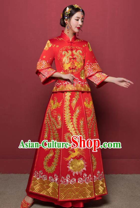 Traditional Ancient Chinese Wedding Costume Handmade XiuHe Suits Embroidery Phoenix Dress Bride Toast Plated Buttons Cheongsam, Chinese Style Hanfu Wedding Clothing for Women