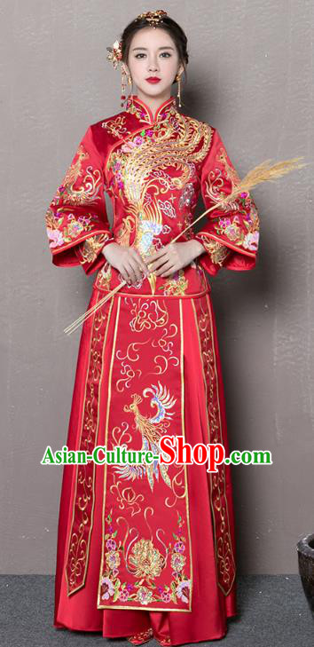 Traditional Ancient Chinese Wedding Costume Handmade Embroidery Peony Bottom Drawer Xiuhe Suits, Chinese Style Wedding Dress Red Embroidery Dragon and Phoenix Flown Bride Toast Cheongsam for Women