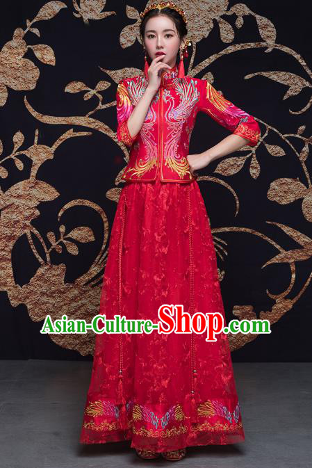 Traditional Ancient Chinese Wedding Costume Handmade Double-deck Embroidery Bottom Drawer Xiuhe Suits, Chinese Style Wedding Dress Red Dragon and Phoenix Flown Bride Toast Cheongsam for Women