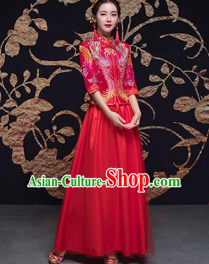 Traditional Ancient Chinese Wedding Costume Handmade Embroidery Satin Bottom Drawer Xiuhe Suits, Chinese Style Wedding Dress Red Dragon and Phoenix Flown Bride Toast Cheongsam for Women