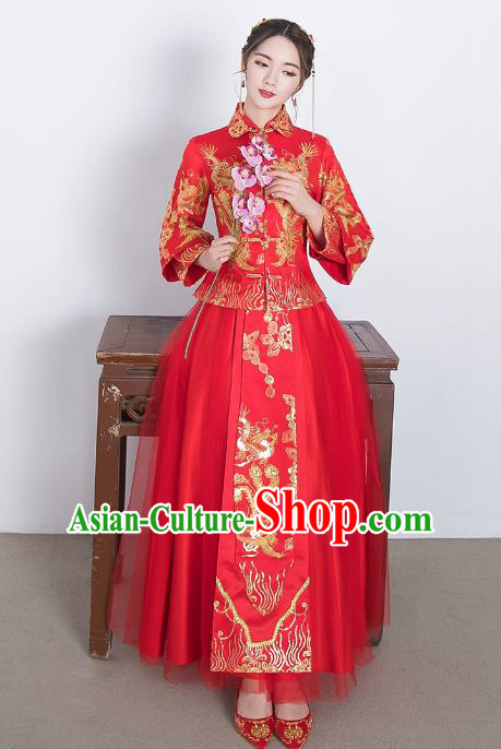 Traditional Ancient Chinese Wedding Costume Handmade Delicacy Embroidery Lace Dress Xiuhe Suits, Chinese Style Wedding Dress Red Flown Bride Toast Cheongsam for Women