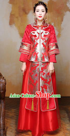 Traditional Ancient Chinese Wedding Costume Handmade Delicacy Embroidery Phoenix Dress Xiuhe Suits, Chinese Style Wedding Flown Bride Toast Cheongsam for Women