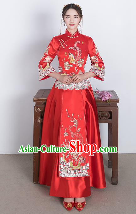 Traditional Ancient Chinese Wedding Costume Handmade Delicacy Embroidery Phoenix XiuHe Suits, Chinese Style Wedding Dress Flown Bride Toast Cheongsam for Women