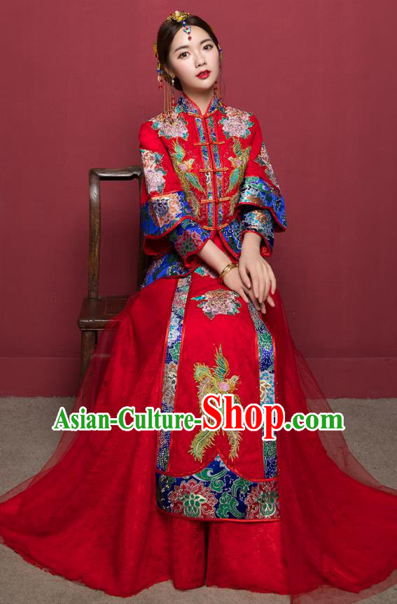 Traditional Ancient Chinese Wedding Costume Handmade Delicacy Embroidery Veil Longfeng Flown XiuHe Suits, Chinese Style Hanfu Wedding Dress Bride Toast Cheongsam for Women