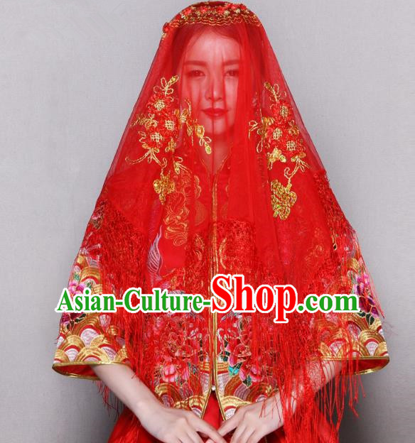 Traditional Ancient Chinese Wedding Embroidery Tassel Lace Red Veil, Chinese Style Wedding Red Bridal Veil for Women