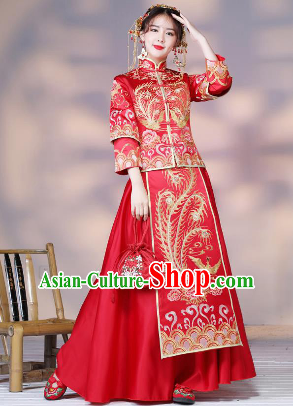 Traditional Ancient Chinese Wedding Costume Handmade Delicacy Embroidery Phoenix Slim Longfeng Flown XiuHe Suits, Chinese Style Hanfu Wedding Dress Bride Toast Cheongsam for Women