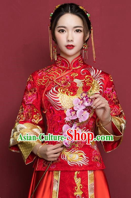 Traditional Ancient Chinese Wedding Costume Handmade Delicacy Embroidery Phoenix XiuHe Suits Plated Buttons Dress, Chinese Style Hanfu Wedding Bride Toast Cheongsam for Women