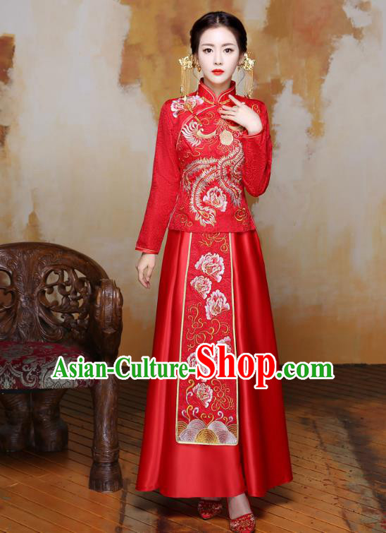 Traditional Ancient Chinese Wedding Costume Handmade Delicacy Embroidery Phoenix XiuHe Suits Slim Red Dress, Chinese Style Hanfu Wedding Bride Toast Cheongsam for Women