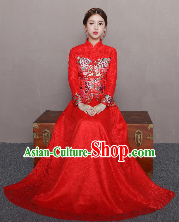 Traditional Ancient Chinese Wedding Costume Handmade Delicacy Embroidery Phoenix XiuHe Suits Slim Red Lace Dress, Chinese Style Hanfu Wedding Bride Toast Cheongsam for Women