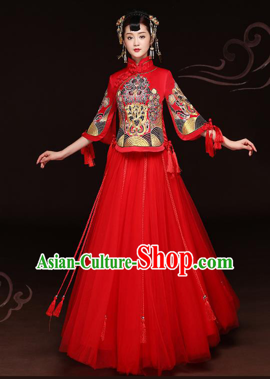 Traditional Ancient Chinese Wedding Costume Handmade Delicacy Embroidery Phoenix Peony Red Veil XiuHe Suits, Chinese Style Hanfu Wedding Bride Toast Cheongsam for Women