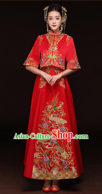 Traditional Ancient Chinese Wedding Costume Handmade Delicacy Embroidery Longfeng Xiuhe Suits, Chinese Style Wedding Dress Flown Bride Toast Cheongsam for Women