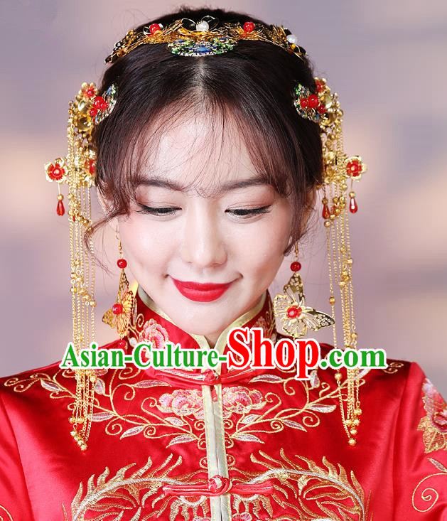 Traditional Handmade Chinese Ancient Classical Hair Accessories Complete Set Bride Wedding Tassel Barrettes Hair Comb, Xiuhe Suit Hair Jewellery Hair Fascinators Hairpins for Women