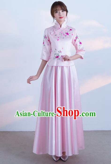 Traditional Ancient Chinese Wedding Costume Handmade Delicacy Embroidery Qipao Dress, Chinese Style Hanfu Wedding Toast Pink Cheongsam for Women