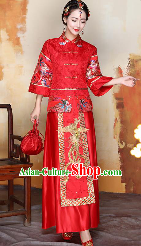 Traditional Ancient Chinese Wedding Costume Handmade Delicacy Embroidery Phoenix Middle Sleeve XiuHe Suits, Chinese Style Hanfu Wedding Toast Cheongsam for Women