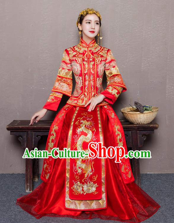 Traditional Ancient Chinese Wedding Costume Handmade Delicacy Embroidery Dragon and Phoenix XiuHe Suits Longfeng Flown, Chinese Style Hanfu Wedding Toast Cheongsam for Women