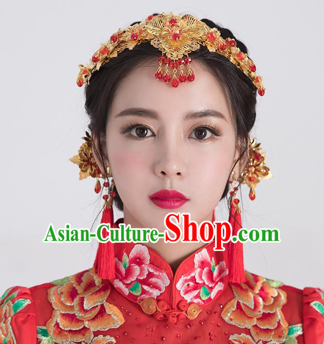 Traditional Handmade Chinese Ancient Classical Hair Accessories Complete Set Bride Wedding Red Beads Tassel Hair Clasp, Xiuhe Suit Hair Jewellery Hair Fascinators Hairpins for Women