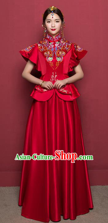 Traditional Ancient Chinese Wedding Costume Handmade Delicacy Embroidery Ruffle Sleeve XiuHe Suits, Chinese Style Hanfu Wedding Bride Toast Cheongsam for Women