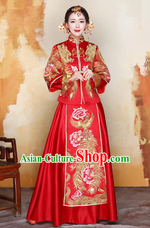 Traditional Ancient Chinese Wedding Costume Handmade Delicacy XiuHe Suits Embroidery Phoenix Bottom Drawer, Chinese Style Hanfu Wedding Bride Toast Cheongsam for Women