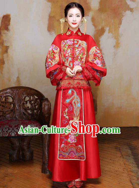 Traditional Ancient Chinese Wedding Costume Handmade Delicacy XiuHe Suits Embroidery Phoenix Bottom Drawer, Chinese Style Hanfu Wedding Bride Hanfu Clothing for Women