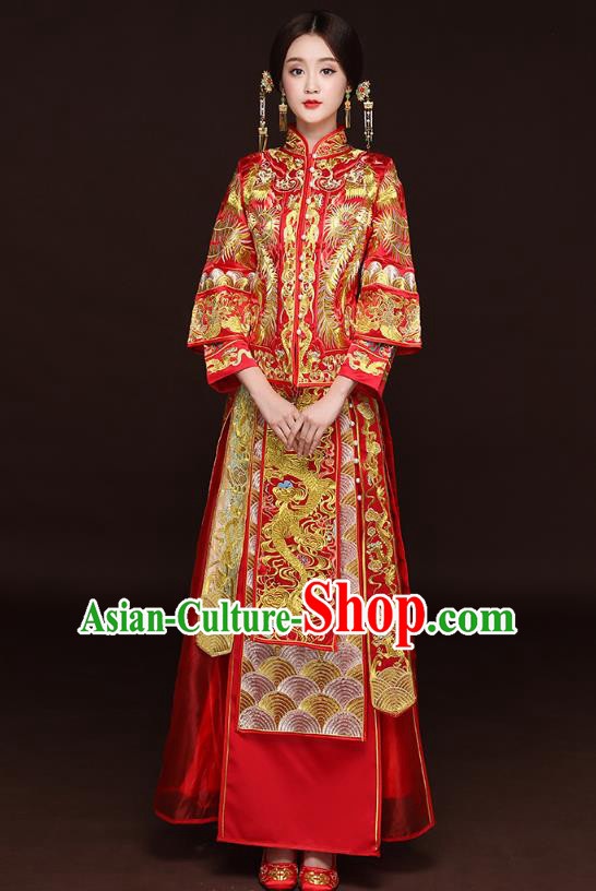 Traditional Ancient Chinese Wedding Costume Handmade Delicacy XiuHe Suits Embroidery Phoenix Cheongsam Bottom Drawer, Chinese Style Hanfu Wedding Bride Hanfu Clothing for Women