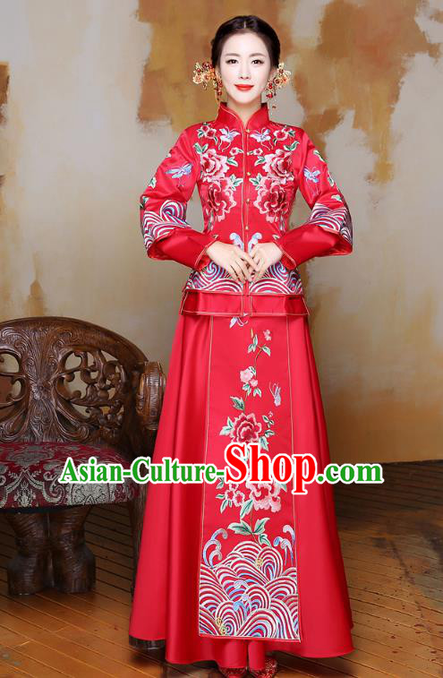 Traditional Ancient Chinese Wedding Costume Handmade Delicacy XiuHe Suits Embroidery Peony Palace Bottom Drawer Cheongsam Dress, Chinese Style Hanfu Wedding Bride Hanfu Clothing for Women