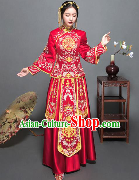 Traditional Ancient Chinese Wedding Costume Handmade Delicacy XiuHe Suits Embroidery Palace Bottom Drawer Cheongsam Dress, Chinese Style Hanfu Wedding Bride Hanfu Clothing for Women