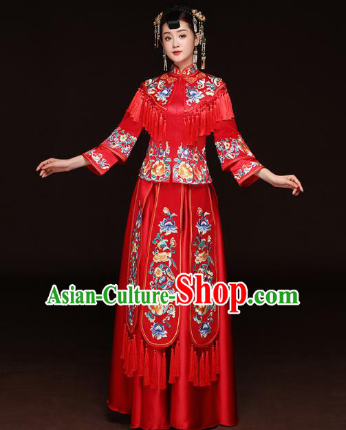 Traditional Ancient Chinese Wedding Costume Handmade Delicacy XiuHe Suits Embroidery Peony Palace Trailing Bottom Drawer Cheongsam Dress, Chinese Style Hanfu Wedding Bride Hanfu Clothing for Women